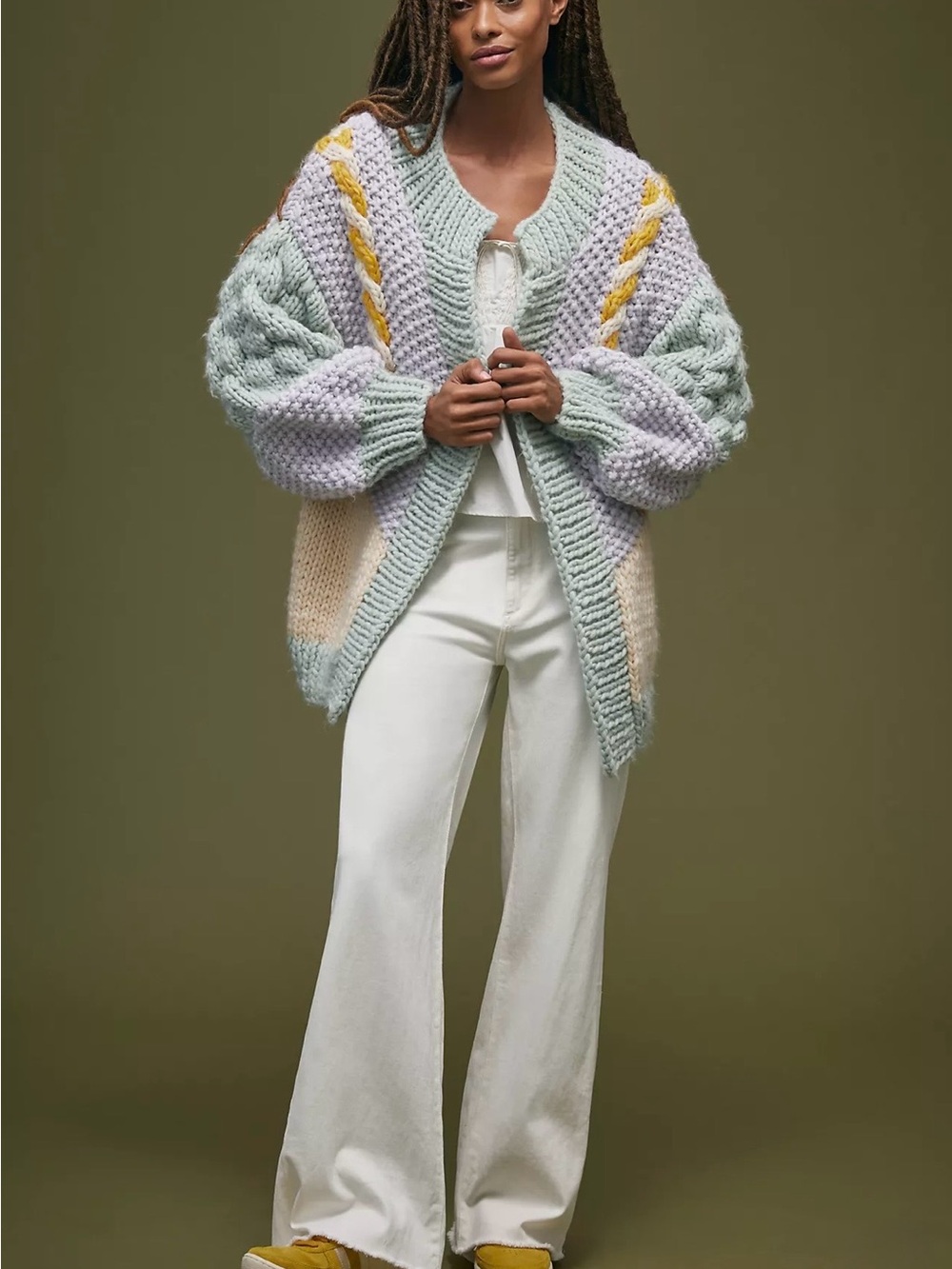 Anthropologie Vicky Knits Pastel Patchwork Chunky Cardigan